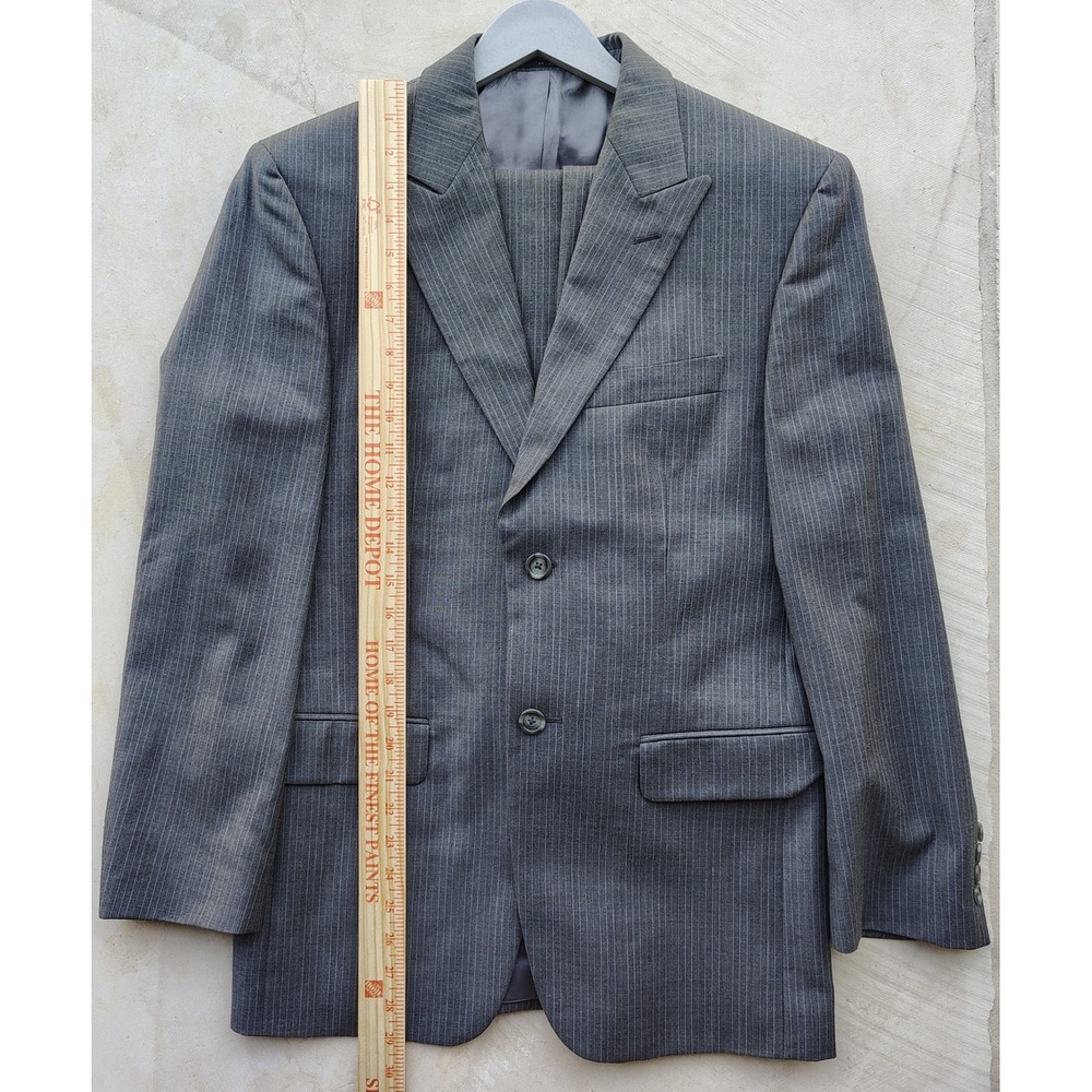 Mens Grey Pinstripe 100% Wool 2 Piece Suit Blazer Trousers RN 47338
